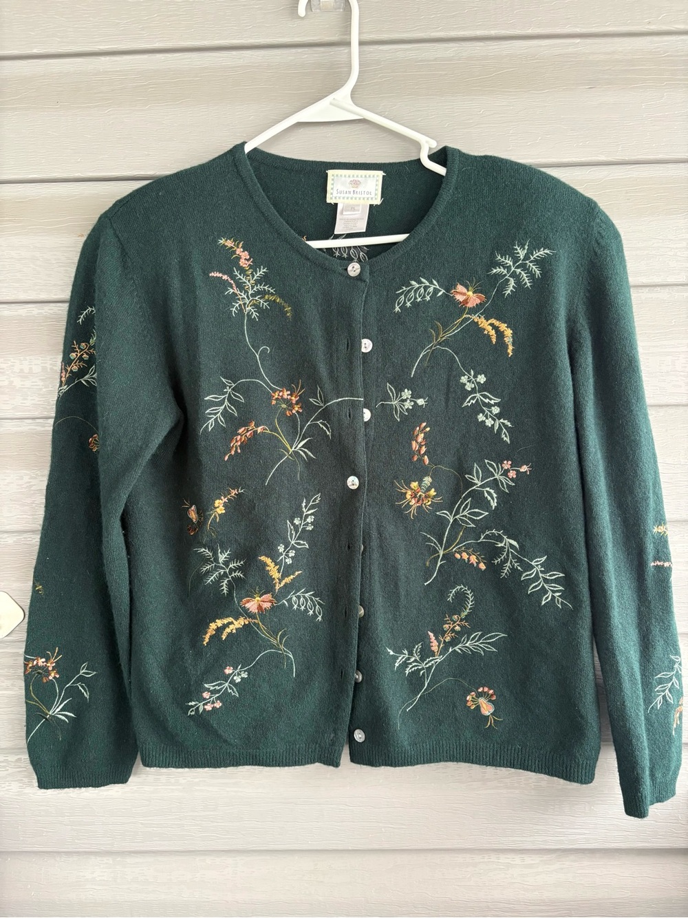 Susan Bristol Dark Green Floral Embroidered Cardigan